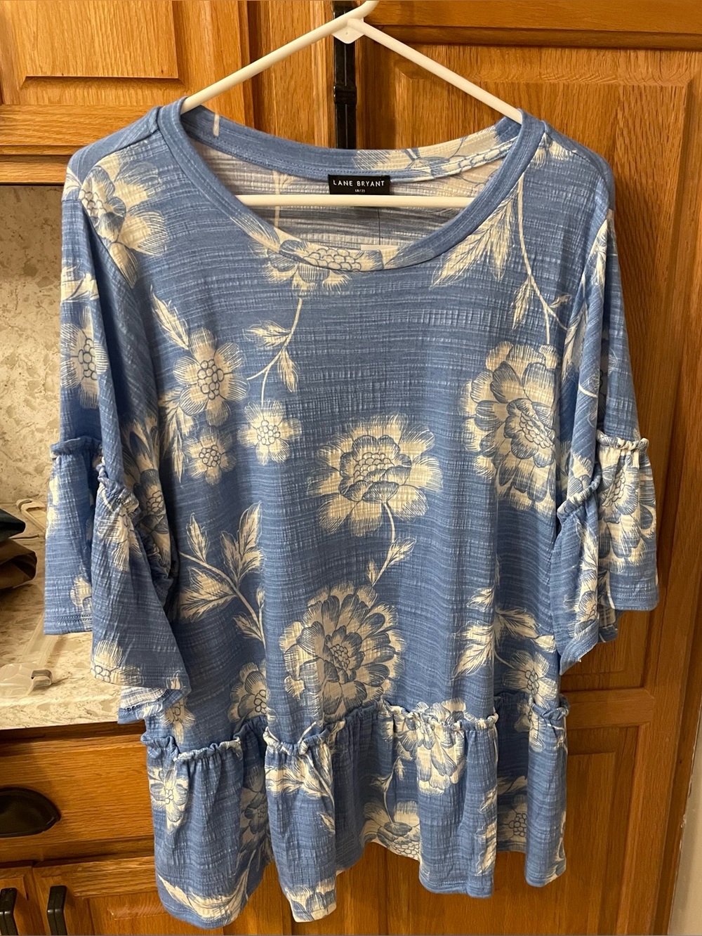 Lane Bryant Blue and White Floral Ruffle Hem Tunic